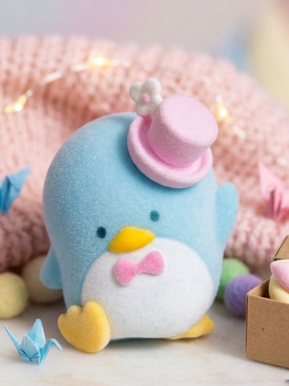 Sanrio Blue Tuxedo Sam Fuzzy Figurine Penguin with Pink Hat and Bow